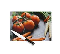 Planche à Découper en Verre Trempé - Chapelet de Tomates et Deux Bottes de carottes Orange et Blanche Légumes Frais Sain Vegan Miam - Protection Plan Travail Dessous Plat Résistant Chaleur 2 Tailles