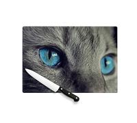 Planche à Découper en Verre Trempé - Chat Gris Korat Magnifiques Yeux Bleu Turquoise Gros Plan - Protection Plan de Travail et Dessous de Plat Résistant Chaleur 2 Tailles Imprimé en France