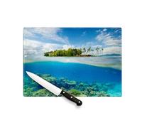 Planche à Découper en Verre Trempé - Ile Deserte Fonds Marins Corail Mer Paradisiaque Epoustouflant - Protection Plan de Travail et Dessous de Plat Résistant Chaleur 2 Tailles Imprimé en France