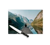 Planche à Découper en Verre Trempé - Meditation Ponton Devant un Lac de Montagne - Protection Plan de Travail et Dessous Plat Résistant Chaleur 2 Tailles Imprimé en France