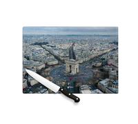 Planche à Découper en Verre Trempé - Paris Arc de Triomphe Ville Place de l'etoile Vue Aerienne - Protection Plan Travail et Dessous Plat Résistant Chaleur 2 Tailles Imprimé en France