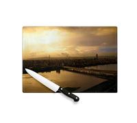 Planche à Découper en Verre Trempé - Ville à l'Heure du Coucher de Soleil Pont Traverse le Fleuve Ciel d'Or - Protection Plan de Travail et Dessous Plat Résistant Chaleur 2 Tailles Imprimé en France