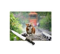 Planche à Découper en Verre Trempé - Welsh Corgi Petit Chien Mignon Poils Longs Mignon Rail Train - Protection Plan de Travail et Dessous de Plat Résistant Chaleur 2 Tailles Imprimé en France