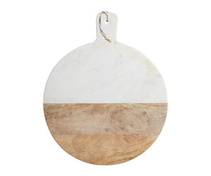 Planche à découper et plateau de service 2 en 1 MasterClass, planche à découper en bois et plateau de service en marbre blanc, rond avec poignée et corde pour suspendre, diamètre de 40 cm, 50 cm avec la poignée, 1 pièce