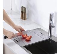 Planche à découper extensible au-dessus de l'évier, en acier inoxydable, avec trous de drainage, planche à découper pour évier de cuisine, 24 x 20,5 x 1,2 cm