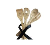 Planche à découper gravée avec ustensiles en bois - recette manuscrite - coffret élégant torchon offert (Set d'ustensiles Je t'aime)