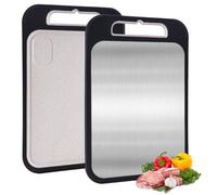 Planche à Découper Inox Double Face, Planche à Découper Cuisine en Acier Inoxydable 304 et Paille de Blé, Antidérapante, Lavable au Lave-Vaisselle, pour Viande, Fruits et Légumes - 34,5 x 24,5 cm