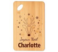 Planche à découper Joyeux noël Charlotte cerf - Plateau Apéro en Bambou Cadeau Noël Gravé Collègue Cuisine Barbecue