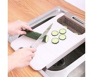 Planche à découper multifonction au-dessus de l'évier, planche à découper en plastique antidérapante avec passoire et récipient, planche extensible pour hacher ou laver, fruits et légumes