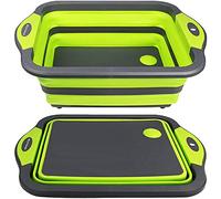Planche à découper pliable - Planche à découper multifonction, égouttoir de lavabo et bol à laver, bouchon d'égouttement, ciseaux de cuisine portable pour camping, pique-nique, barbecue (vert)