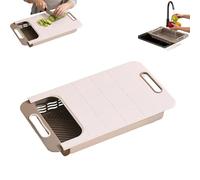 Planche à découper rétractable multifonction avec panier de vidange, planche à découper en plastique pour la cuisine, laver et couper les légumes au-dessus de l'évier, design compact (beige)