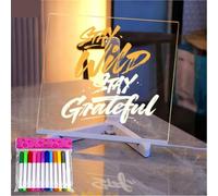 Planche à dessin magique à LED, surface d'écriture en acrylique illuminée avec 12 stylos de couleur, affichage de bureau avec support pour écoles, cafés, bureaux à domicile (20 x 20 cm)