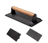 Planche à presser la viande : presse grill en fonte résistante pour steaks parfaitement caramellés | Manche en bois épais design sans revêtement Une chaleur uniforme | Grilles à l'air libre