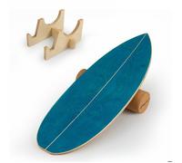 Planche d’Équilibre en Bois Bouleau avec Rouleau en Liège COSTWAY 79x28cm,Diamètre 10 cm-Charge 150kg-Support de Rangement-Bleu mer