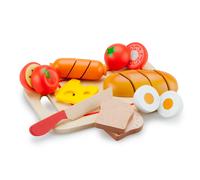 New Classic Toys Set petit déjeuner en bois Woet® , aliments à découper, couteau et planche, dès 2 ans