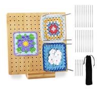 Planche de Blocage du Crochet - Planche de Blocage pour Granny Square 20x20 cm - Bambou Granny Square avec 20 Tiges, 5 Aiguilles en Inox et 1 Support - Accessoires pour Projets de Tricot et de Crochet