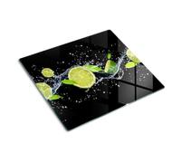 Planche de Cuisine en Verre 60x52 cm Avec Impression Décoration Résistant à la Chaleur Modernité Symétrique Contact Alimentaire Bords Polis Pieds Antidérapants - Citrons verts et eau
