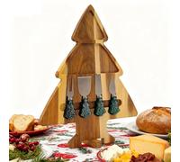 Planche de service en bois d'acacia en forme d'arbre de Noël - Ensemble de charcuterie double face avec 4 couteaux magnétiques et support rotatif - Plateau de fromage festif en cadeau pour collations