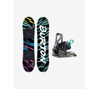 Planche de snowboard Burton Mini Grom Flat Top noir bleu rose + Fixations de snowboard Burton Mini Grom Disc noir enfant - 90