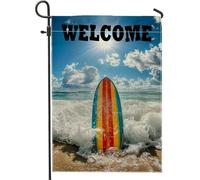 Planche de surf motif vagues de plage, drapeau de jardin, bannière colorée pour décoration de jardin, décoration de pelouse en tissu double face pour bienvenue en plein air, 30,5 x 45,7 cm