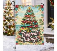 Planche de surf tropicale Arbre de Noël Drapeau Jardin 30,5 x 45,7 cm | Thème tropical, drapeau de cour, décoration côtière, accents de coquillages, scène de plage, esprit de vacances chaleureux