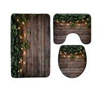 Planche en Bois Rustique avec Feuilles Vertes Et Lierre Grimpant sur Une Planche De Grange Ancienne Tapis De Bain 3 Pièces Lavable Tapis De Toilette Décoratif Carpettes De Toilette pour Douche
