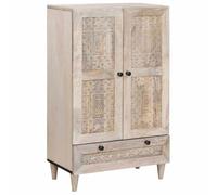 Planche haute avec étagère, blanc, 60 x 33 x 100 cm, en bois de manguier massif, surface structurée, espace de rangement durable pour salon, salle à manger