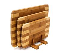 Relaxdays Planches à découper Set 3 pièces bambou naturel avec support inclus, design rayé