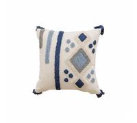 Plancholo Housse de coussin moderne à motif géométrique bohème avec pompons pour chaise, canapé, chambre à coucher, salon, décoration d'intérieur, 45,7 x 45,7 cm, bleu