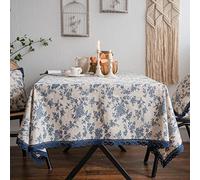 Plancholo Nappe carrée vintage en coton et lin avec bordure en dentelle Motif floral pastoral rustique lavable pour cuisine, salle à manger (floral rose bleu, 89 x 89 cm)