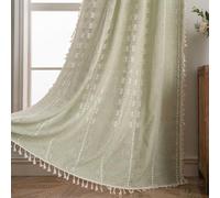 Plancholo Rideau à pompons de style bohème vert de 160 cm de long pour salon, chambre à coucher, rideau de fenêtre semi-occultant en coton et lin brodé à rayures, avec passe-tringle, 1 panneau de