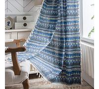 Plancholo Rideau bohème avec pompons de 160 cm de long, motif géométrique, en coton et lin, avec passe-tringle pour chambre à coucher, salon (1 panneau, 150 x 160 cm (l x L), triangle bleu)