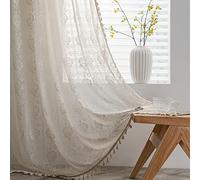 Plancholo Rideau bohème de 160 cm de long - 1 panneau avec broderie florale rose au crochet - Traitement de fenêtre semi-transparent avec pompons - Drapé vintage avec passe-tringle pour chambre à