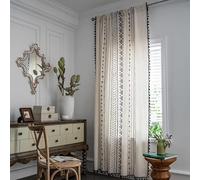 Plancholo Rideau bohème de 221 cm de long pour chambre à coucher, 1 panneau à imprimé géométrique en coton et lin semi-occultant avec pompons et passe-tringle, 150 cm de large x 221 cm de long