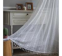 Plancholo Rideau bohème en crochet de 99,1 cm de long - 1 panneau en dentelle transparente faite à la main avec pampilles tricotées - Rideau bohème avec passe-tringle - Pour chambre à coucher, salon