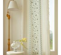 Plancholo Rideau bohème pour salon - 221 panneau de 221 cm de long - 1 panneau - Motif feuilles brodées - Filtrage de la lumière - Rideau avec passe-tringle avec pompons pour chambre à coucher (vert