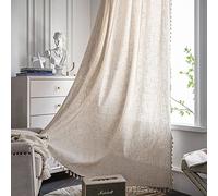 Plancholo Rideau bohème semi-occultant texturé en lin naturel de 259,1 cm de long avec pompons et passe-tringle pour chambre à coucher (1 panneau, 150 cm de large x 259,1 cm de long)