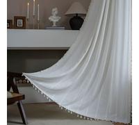 Plancholo Rideau semi-occultant bohème de 180 cm de long - 1 panneau brodé à rayures - Rideau rustique en coton et lin avec pompons - Pour chambre à coucher, salon (blanc, 140 x 180 cm)