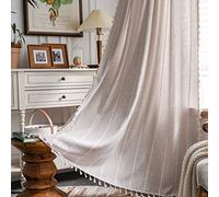 Plancholo Rideau semi-occultant bohème de 300 cm de long - 1 panneau à rayures brodé en coton et lin avec pompons - Pour chambre à coucher, salon (café, 140 x 300 cm)