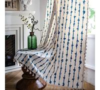 Plancholo Rideau semi-occultant en coton et lin de style bohème avec pampilles de 259 cm de long et teinture sur nœuds à rayures bleues de style rustique pour chambre à coucher, salon (1 panneau, 150