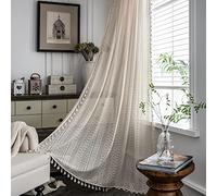 Plancholo Rideau semi-transparent bohème en dentelle tricotée creuse avec pompons faits à la main - Style rétro avec passe-tringle - Pour salon, chambre à coucher (beige, 1 panneau, 150 x 160 cm (l x