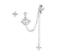 Planet CZ Moon Star Ear Cuff Wrap Clip On Crawler Griwler Hoop 925 Sterling Silver Stud Chain Threader Tassel Boucles d'oreilles asymétriques pour femme Joli cadeau hypoallergénique Fille Bff Noël