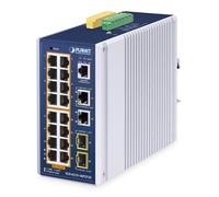 PLANET IP30 Industrial L2/L4 16-Port Géré L2/L4 Gigabit Ethernet (10/100/1000) Connexion Ethernet, supportant l'alimentation via ce port (PoE) Aluminium, Bleu