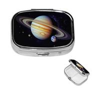 Planet Jupiter Pilulier carré portable à 2 compartiments pour poche ou sac à main, pilulier hebdomadaire, organiseur décoratif en métal pour médicaments, vitamines, cadeau de voyage