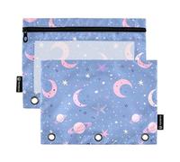 Planet of Peach and Blue Stars Lot de 2 trousses à crayons avec fenêtre transparente Grande capacité 3 anneaux Fermeture éclair pour l'école, le bureau et la maison Multicolore