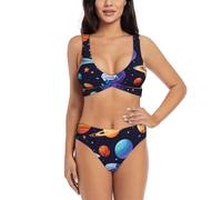 Planet Pattern Prinrt Maillot de bain 2 pièces pour femme avec col en V, Noir , S