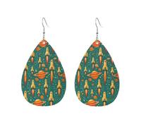 Planète Cosmique Mystique Et Fusée Pendantes En Cuir Double Face Boucles D'Oreilles En Cuir Légères Boucles D'Oreilles Pour Femme Quotidien Décorations
