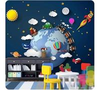 Planète De Bande Dessinée Montgolfière Voiture Nuages Blancs Papier Peint 3D Installation Facile Intissé Tapisserie Bureau Salon Canapé Chambre Décoration Murale-200cm×140cm