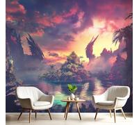 Planète Extraterrestre Paysage Papier Peint Panoramique, Lac Île 3D Tissu de soie Murale, 450x315cm (L×H) Tapisserie Poster Gris Violet Geant Mural, Décoration Murale Chambre Salon Restaurant