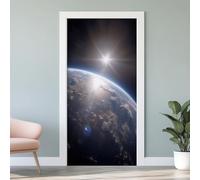 Planète Terre Espace Autocollant de Porte 3D, Univers Papier Peint de Porte Vinyle Auto-Adhésif Amovible, Sticker Mural Étanche, pour Chambre Salon Cuisine Salle de Bain, 83 x 204 cm P5l122